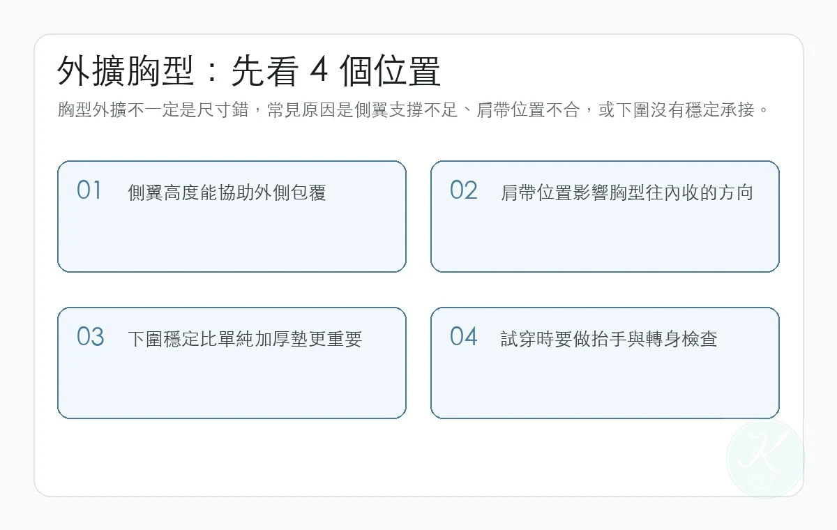 胸型外擴怎麼挑內衣？從側翼高度到肩帶位置的完整指南重點圖解