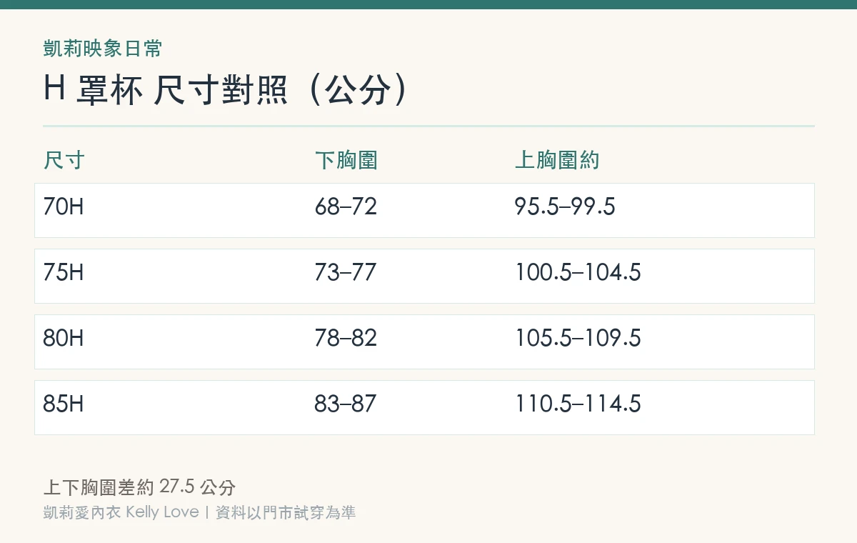 H 罩杯尺寸對照表（公分）